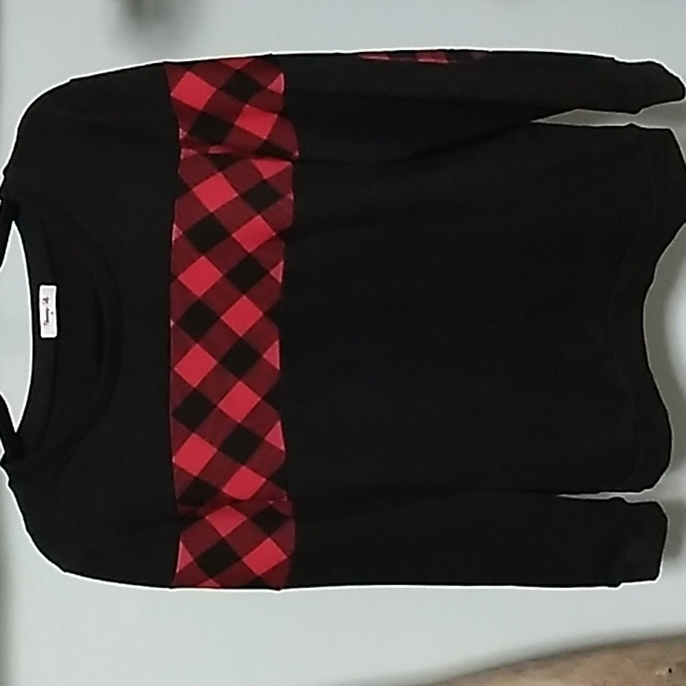 Blooming Jelly pullover crew neck black with red tartan plaid detail sweatshirt